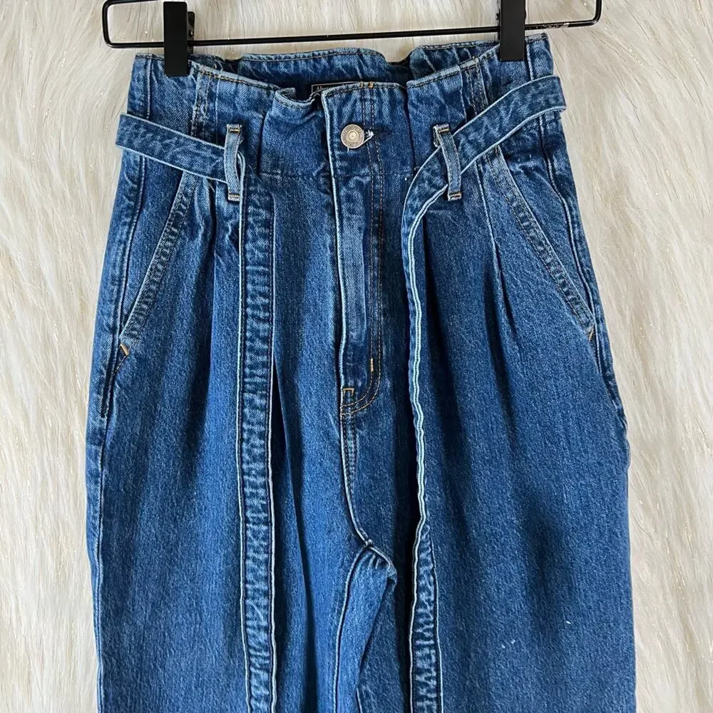 Abercrombie & Fitch Mom Jeans Belted Paper Bag Waist High Rise Womens Size 25/0 - Picture 3 of 12